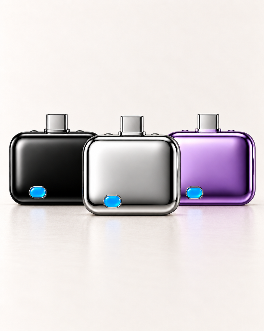 PlugSnap black, silver and purple adapters on ivory background